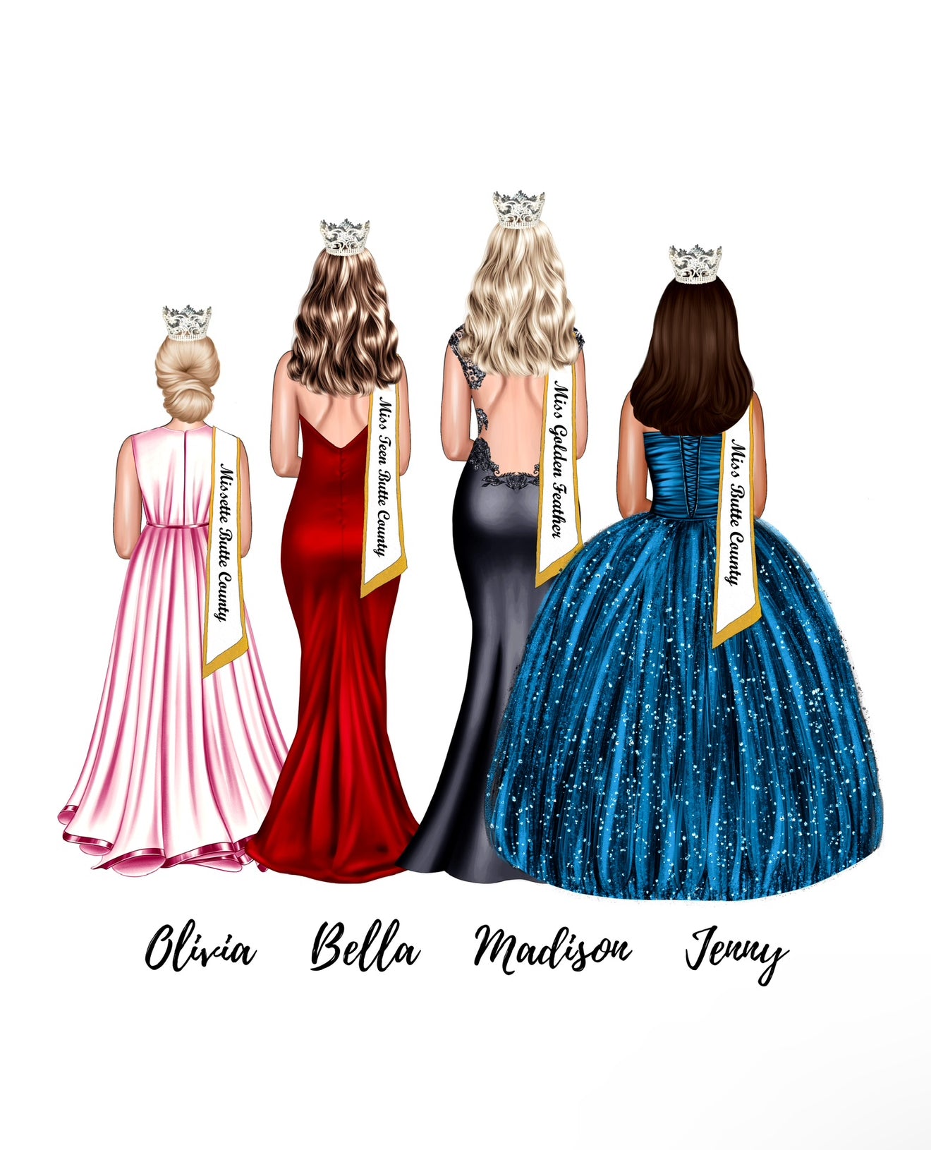 Cartoon Pageant Side Design Pageant Group of 4 Digital Drawing w/ Sash – SparklingDesigns