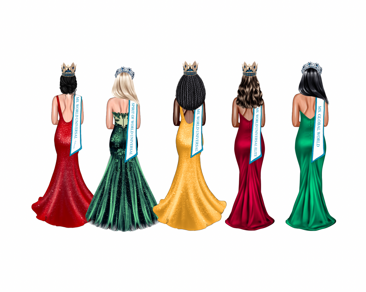 Cartoon Pageant Side Design Pageant Group of 5 Digital Drawing w/ Sash – SparklingDesigns